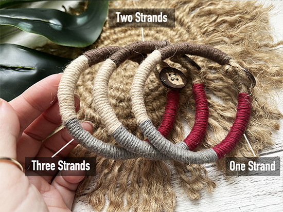 Comparison of three earthy coconut button and jute rope loop closure bracelets for women