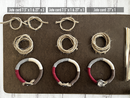 Earthy cotton yarn-wrapped jute cord bracelets in three different thicknesses