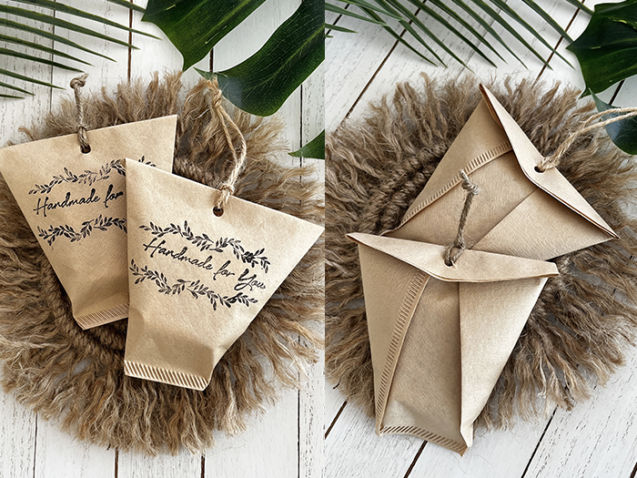 Front and back view of small treat bags made with coffee filters