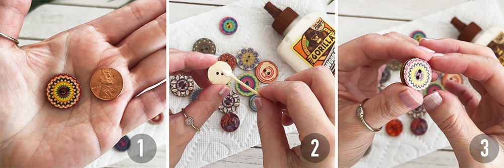 Step 1: Take a one-sided wooden button, Step 2: Apply wood glue to back, Step 3: Press two buttons together