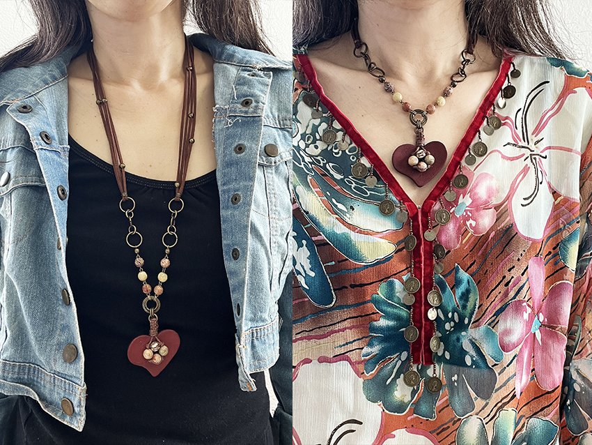 Woman wearing earthy boho heart necklace