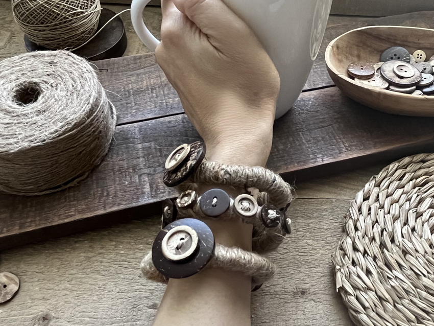 Earthy coconut shell button jute cord wrapped button & loop closure bracelets 