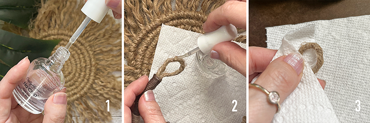 Creating DIY jute rope bracelet end with protective clear nail polish coating