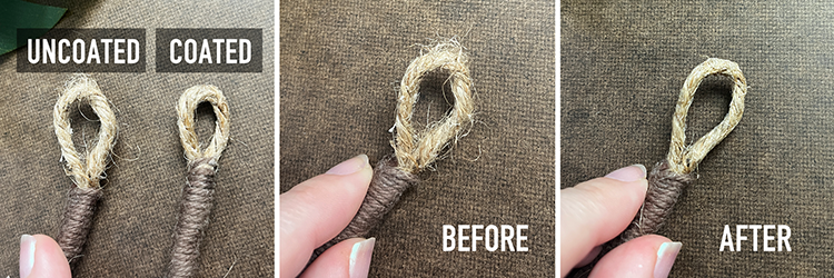 DIY bracelet end with clear nail polish coating to protect jute rope from fraying