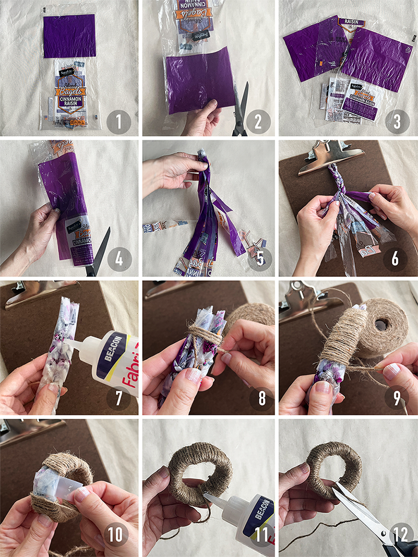 Step-by-step instructions for jute wrapped napkin rings using plastic grocery bags