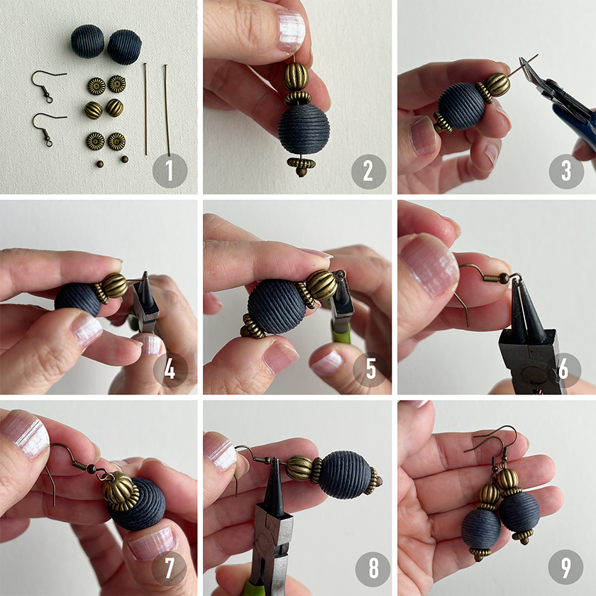Navy cord-wrapped ball earrings step-by-step instructions