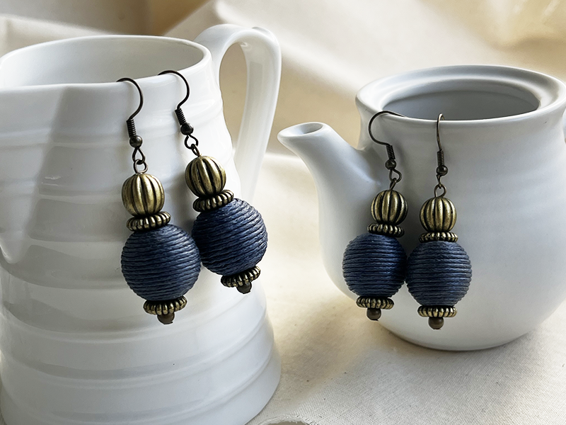 Two pairs of Navy cord-wrapped ball elegant earrings