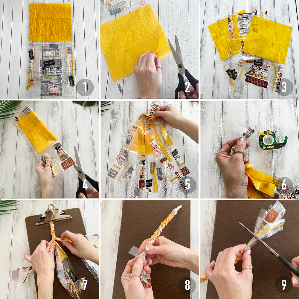 Step-by-Step instructions for earthy jute cord wrapped bracelet using plastic grocery bags