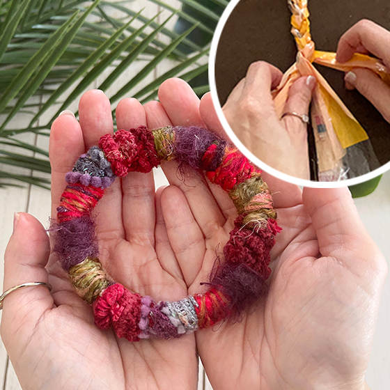 Yarn wrapped bracelet made with plastic grocery bags