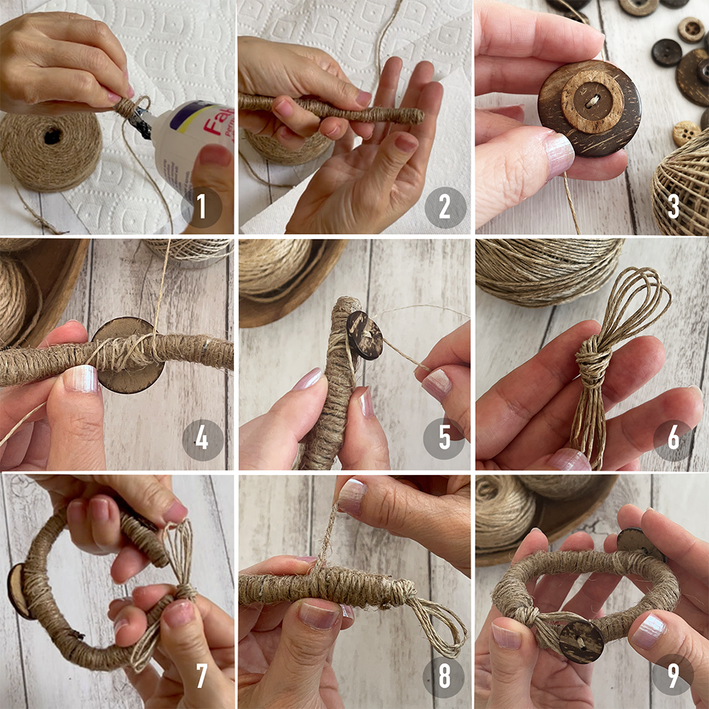 Step-by-Step instructions for jute wrapped bracelet using plastic grocery bagsult