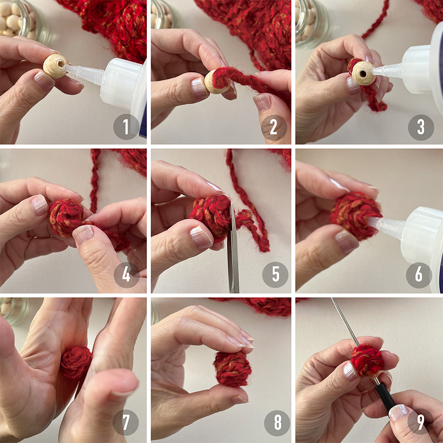 Red Yarn-Warpped Bead tutorial step-by-step instructions