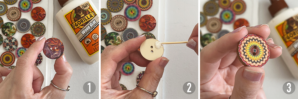 Step 1: Take a one-sided wooden button, Step 2: Apply wood glue to back, Step 3: Press two buttons together