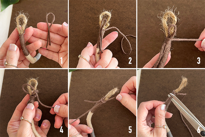 Secure the bracelet with another piece of yarn by creating loops and wrapping the cord around the jute rope and the yarn piece.