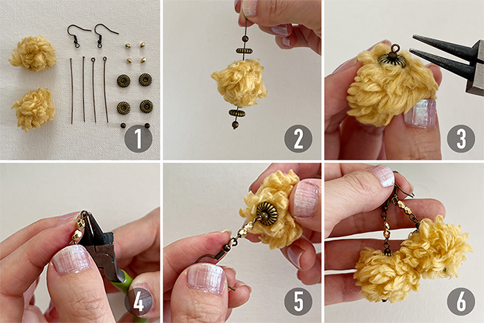 Yellow yarn wrapped ball bead earrings tutorial